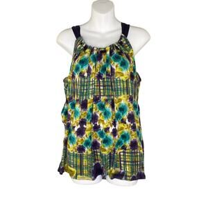 Deletta Shirt Womens XS Purple Multicolor Cinch Neckline Artsy Floral Plaid